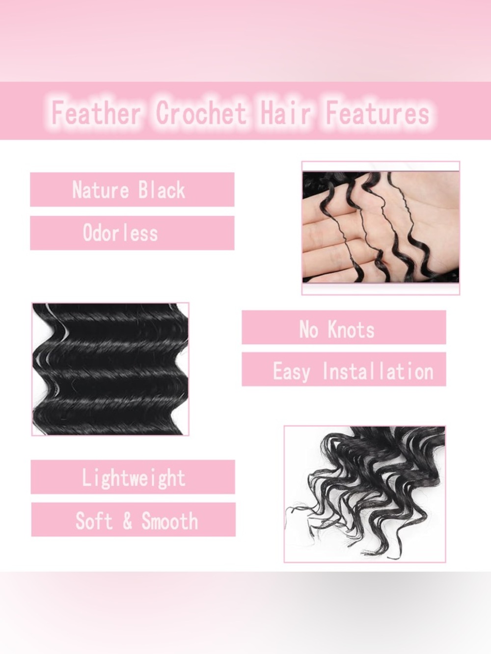 Black Deep Wave Feather Tip Crochet Braids, Pre-Looped, Soft, Curly Extensions - Picture 4 of 13